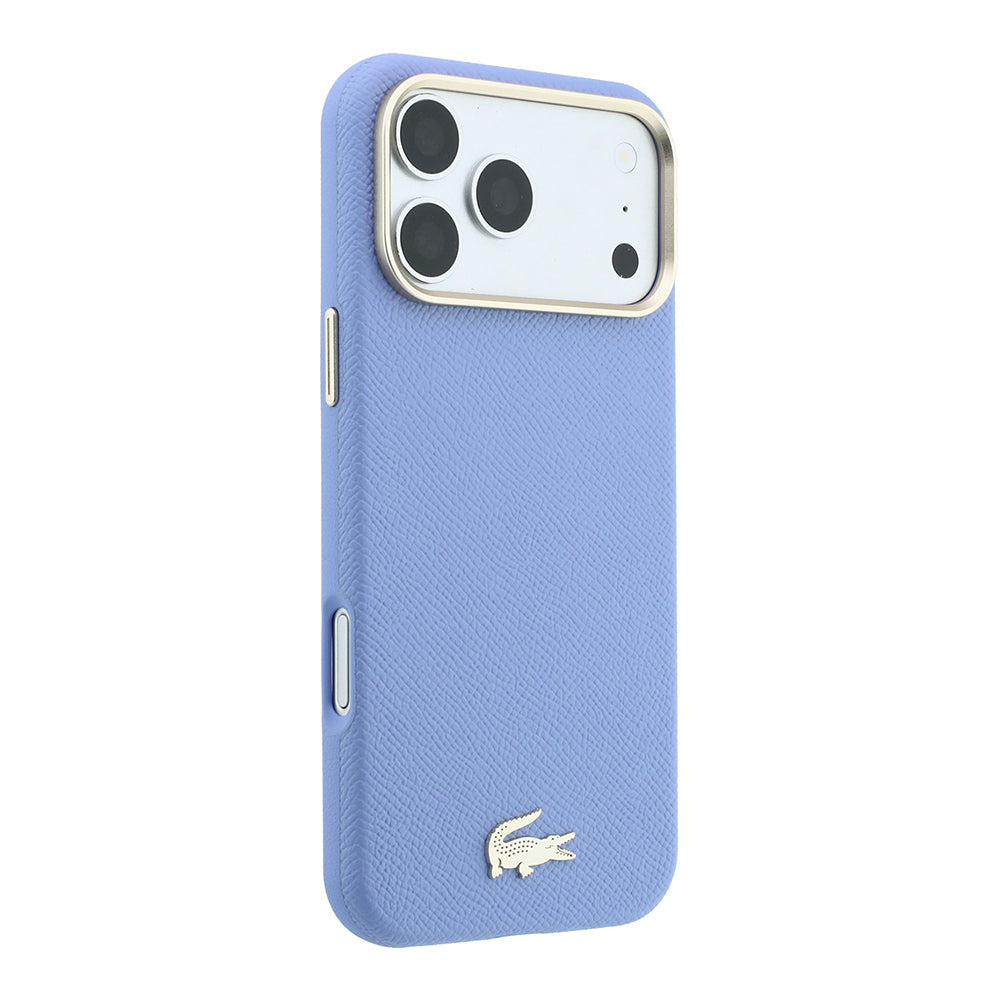 Apple iPhone 18 Pro Max Kılıf Lacoste Orjinal Lisanslı M-Safe Şarj Özellikli PVC Yarı Pike Desenli Arka Yüzey İkonik Timsah Dokuma Logolu Kapak Açık Mavi