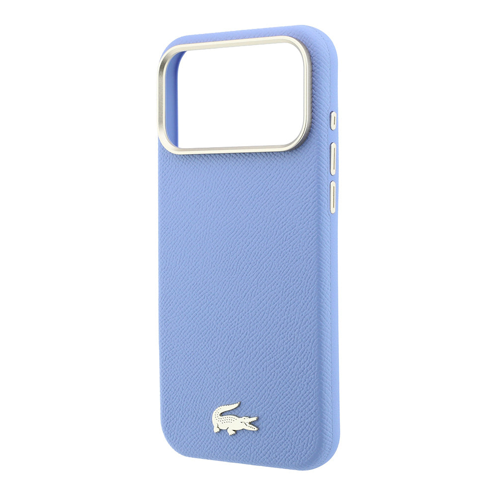 Apple iPhone 18 Pro Max Kılıf Lacoste Orjinal Lisanslı M-Safe Şarj Özellikli PVC Yarı Pike Desenli Arka Yüzey İkonik Timsah Dokuma Logolu Kapak Açık Mavi