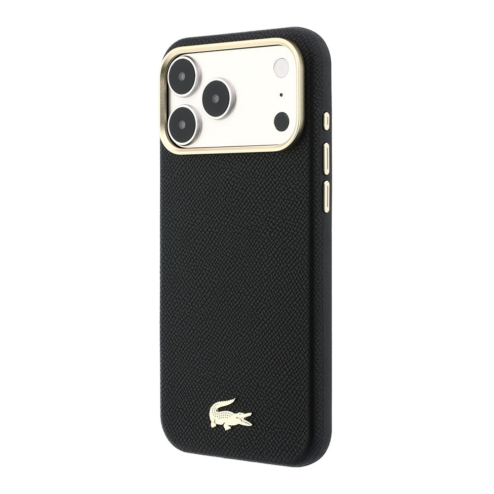 Apple iPhone 18 Pro Max Kılıf Lacoste Orjinal Lisanslı M-Safe Şarj Özellikli PVC Yarı Pike Desenli Arka Yüzey İkonik Timsah Dokuma Logolu Kapak Siyah