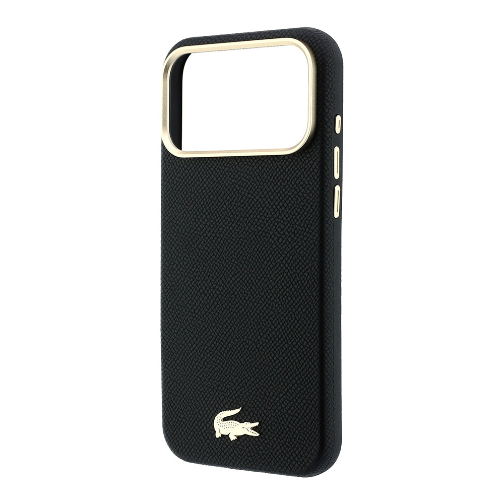 Apple iPhone 18 Pro Max Kılıf Lacoste Orjinal Lisanslı M-Safe Şarj Özellikli PVC Yarı Pike Desenli Arka Yüzey İkonik Timsah Dokuma Logolu Kapak Siyah