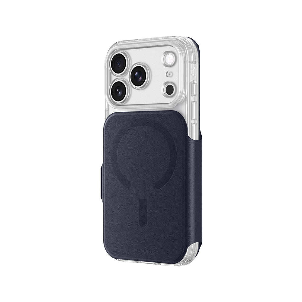 Apple iPhone 18 Pro Max Kılıf M-safe Özellikli Amazingthing Titan Lens Flip Serisi Kartlıklı Kapak Lacivert