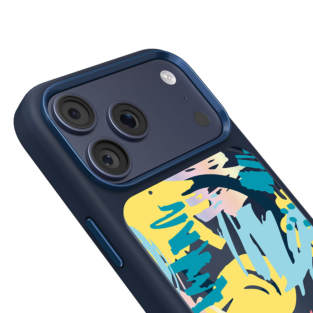 Apple iPhone 18 Pro Max Kılıf M-safe Şarj Özellikli 3D Baskılı Tasarım Mutural Graffiti Serisi Kapak Lacivert-Sarı