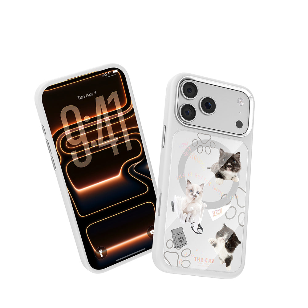 Apple iPhone 18 Pro Max Kılıf M-safe Şarj Özellikli 3D Baskılı Tasarım Mutural The Cat Serisi Kapak Beyaz