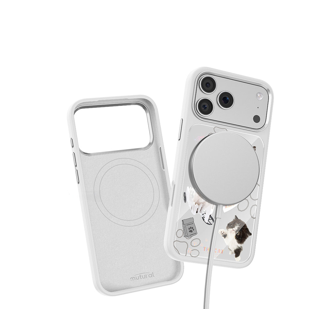 Apple iPhone 18 Pro Max Kılıf M-safe Şarj Özellikli 3D Baskılı Tasarım Mutural The Cat Serisi Kapak Beyaz