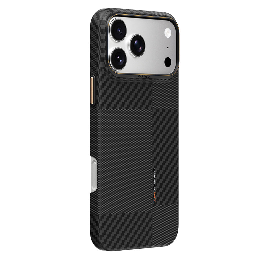 Apple iPhone 18 Pro Max Kılıf M-safe Şarj Özellikli 600D Metal Kamera Çerçeveli Raptic Aramid Fiber Karbon Geotik Serisi Kapak Siyah
