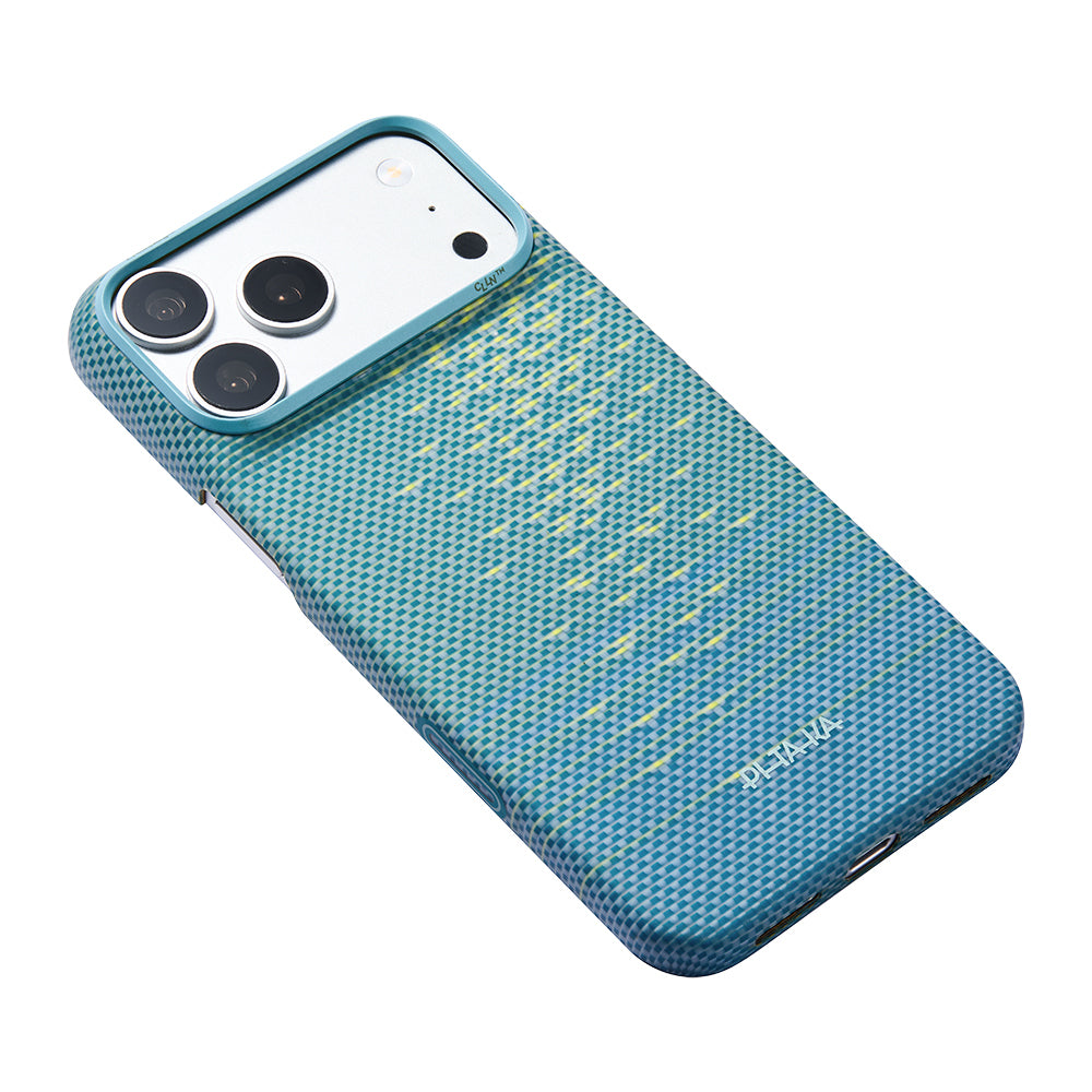 Apple iPhone 18 Pro Max Kılıf M-safe Şarj Özellikli Aramid Karbon Fiber Pitaka Glints of Gold Ultra Slim Serisi Kapak Mavi