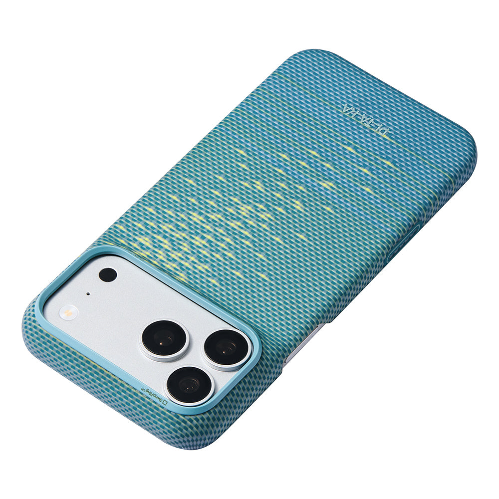 Apple iPhone 18 Pro Max Kılıf M-safe Şarj Özellikli Aramid Karbon Fiber Pitaka Glints of Gold Ultra Slim Serisi Kapak Mavi