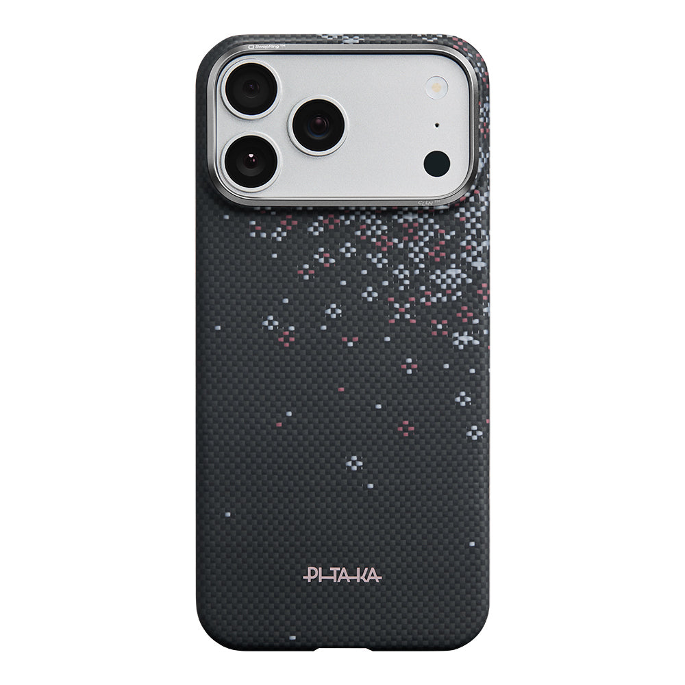 Apple iPhone 18 Pro Max Kılıf M-safe Şarj Özellikli Aramid Karbon Fiber Pitaka Sakura Hours Serisi Kapak Siyah