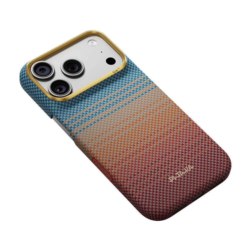 Apple iPhone 18 Pro Max Kılıf M-safe Şarj Özellikli Aramid Fiber Pitaka Sunset 2.0 California Dream Serisi Mavi-Kahverengi