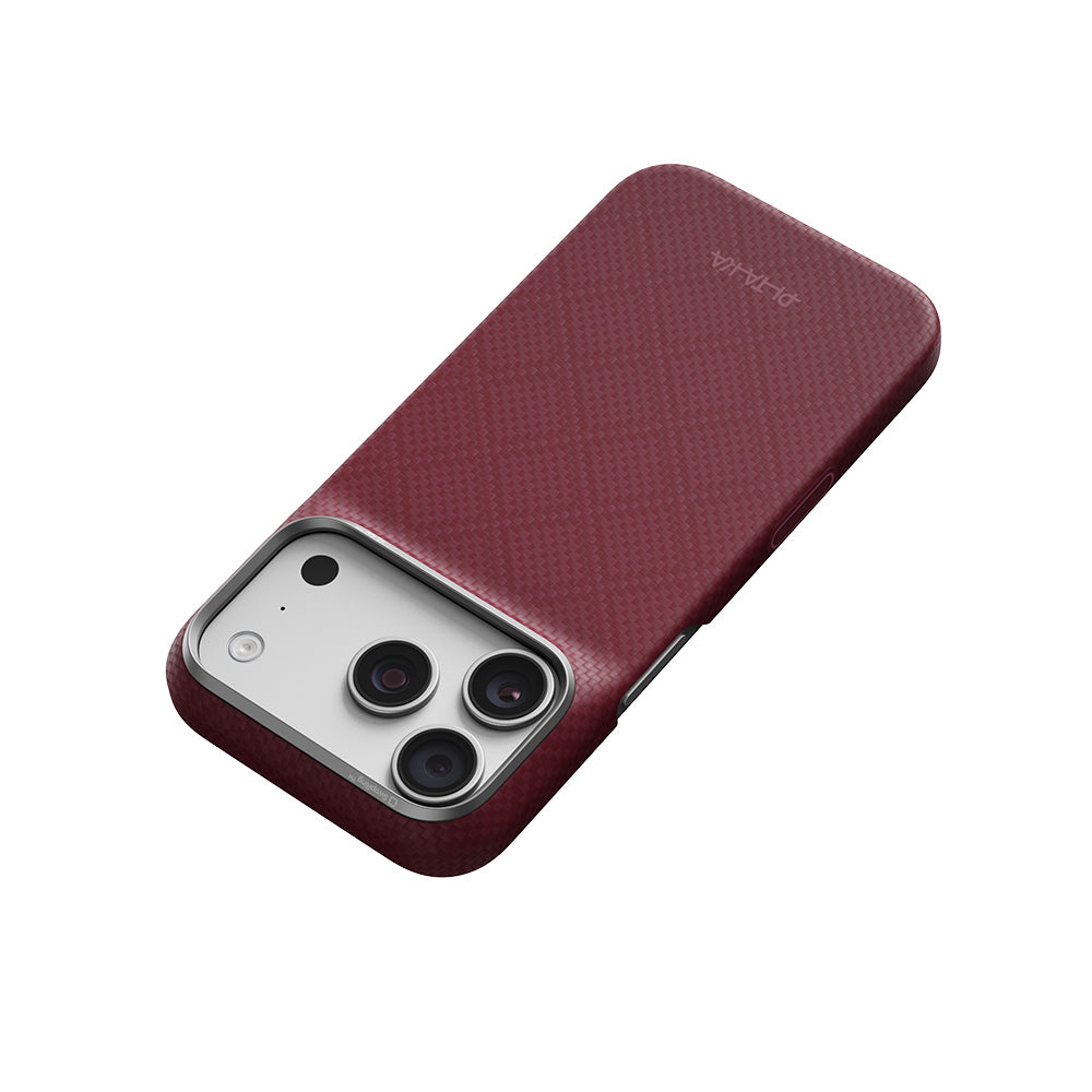 Apple iPhone 18 Pro Max Kılıf M-safe Şarj Özellikli Aramid Karbon Fiber Pitaka Argyle Serisi Kapak Bordo