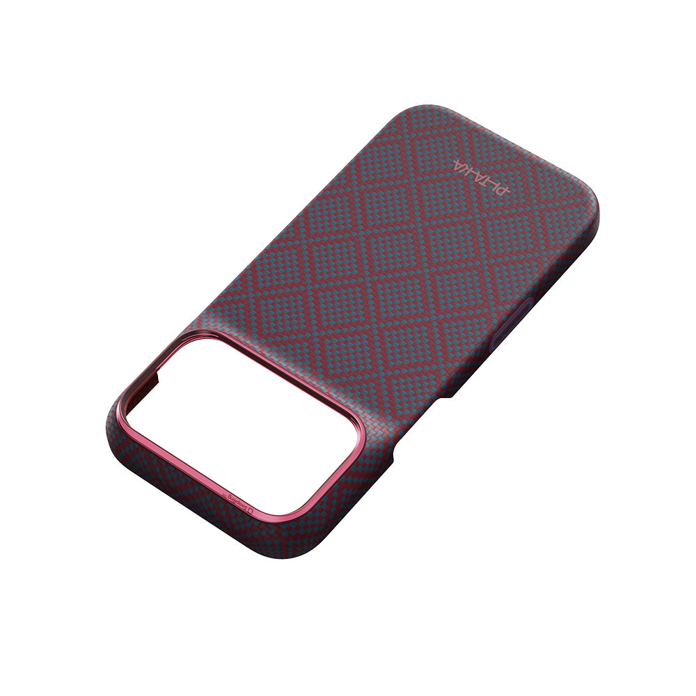 Apple iPhone 18 Pro Max Kılıf M-safe Şarj Özellikli Aramid Karbon Fiber Pitaka Argyle Serisi Kapak Mavi-Kırmızı