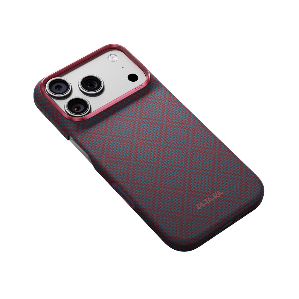 Apple iPhone 18 Pro Max Kılıf M-safe Şarj Özellikli Aramid Karbon Fiber Pitaka Argyle Serisi Kapak Mavi-Kırmızı