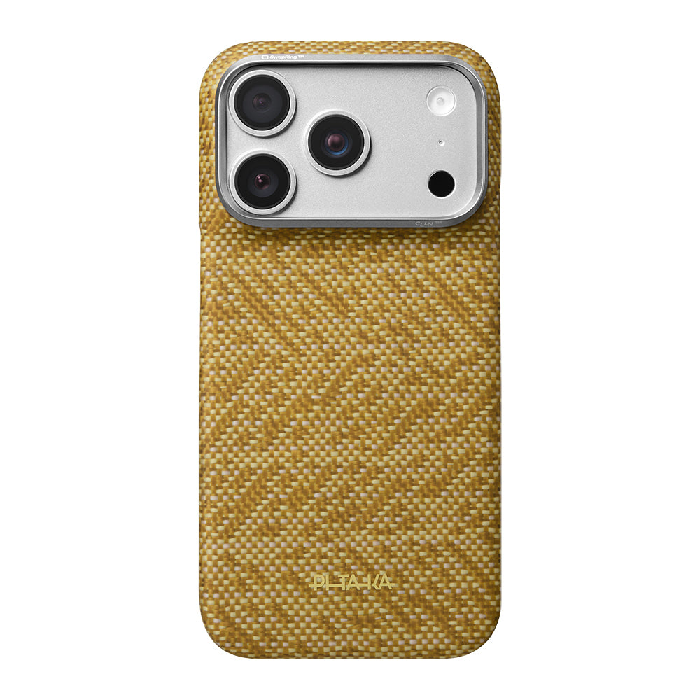 Apple iPhone 18 Pro Max Kılıf M-safe Şarj Özellikli Aramid Karbon Fiber Pitaka Wind Over Wheat Serisi Kapak Gold