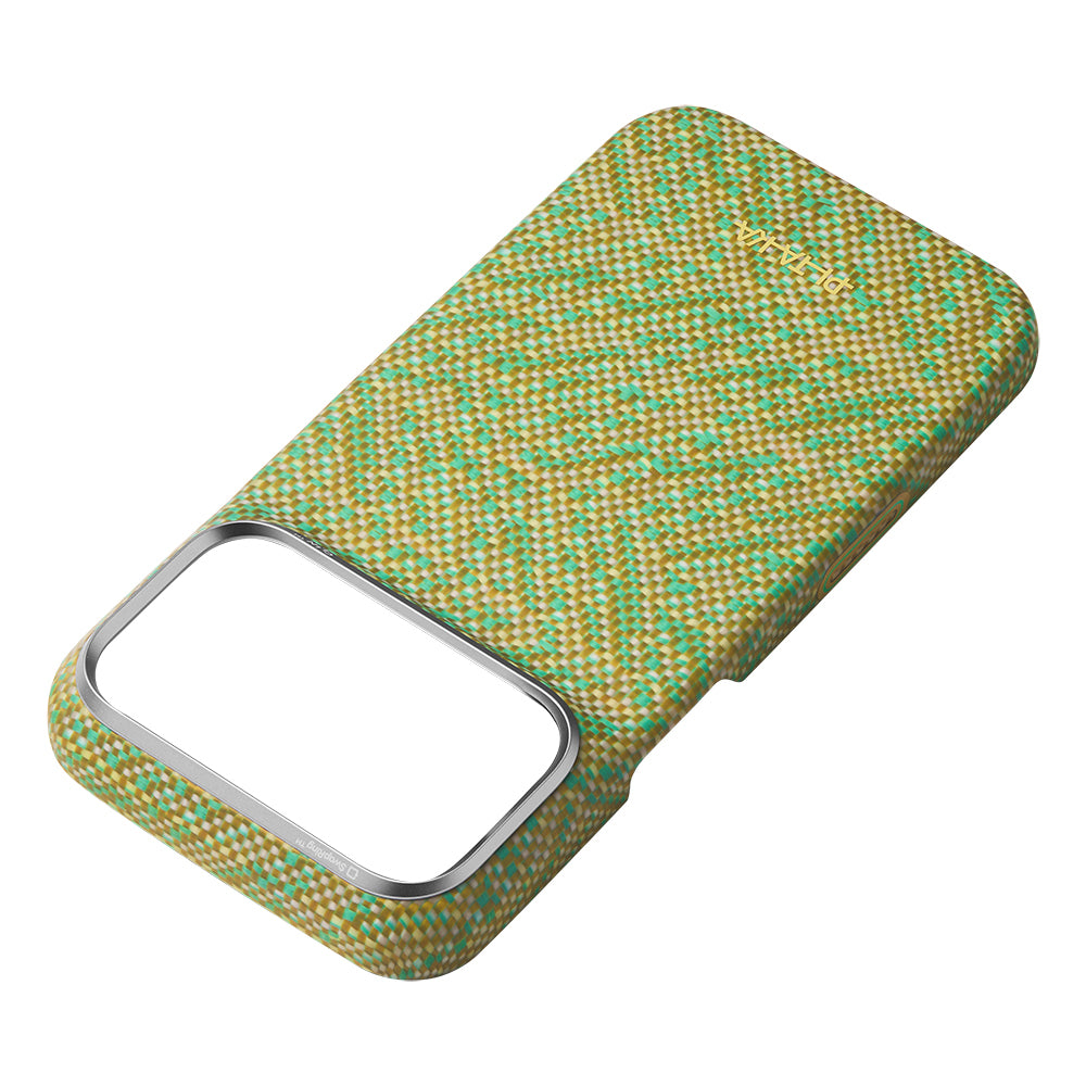 Apple iPhone 18 Pro Max Kılıf M-safe Şarj Özellikli Aramid Karbon Fiber Pitaka Wind Over Wheat Serisi Kapak Sarı-Yeşil