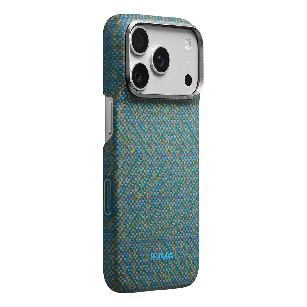 Apple iPhone 18 Pro Max Kılıf M-safe Şarj Özellikli Aramid Karbon Fiber Pitaka Wind Over Wheat Serisi Kapak Mavi