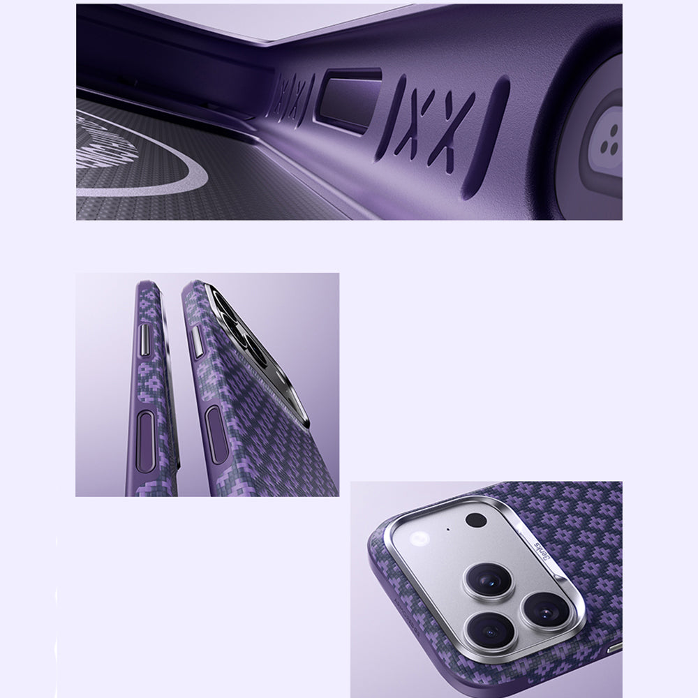 Apple iPhone 18 Pro Max Kılıf M-Safe Şarj Özellikli Benks ArmorPro ArmorEdge X9 Serisi Kevlar Karbon Kapak Mor
