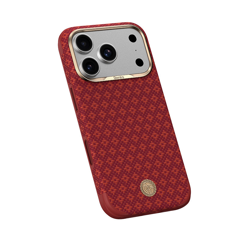 Apple iPhone 18 Pro Max Kılıf M-Safe Şarj Özellikli Benks ArmorPro ArmorEdge X9 Serisi Kevlar Karbon Kapak Kırmızı