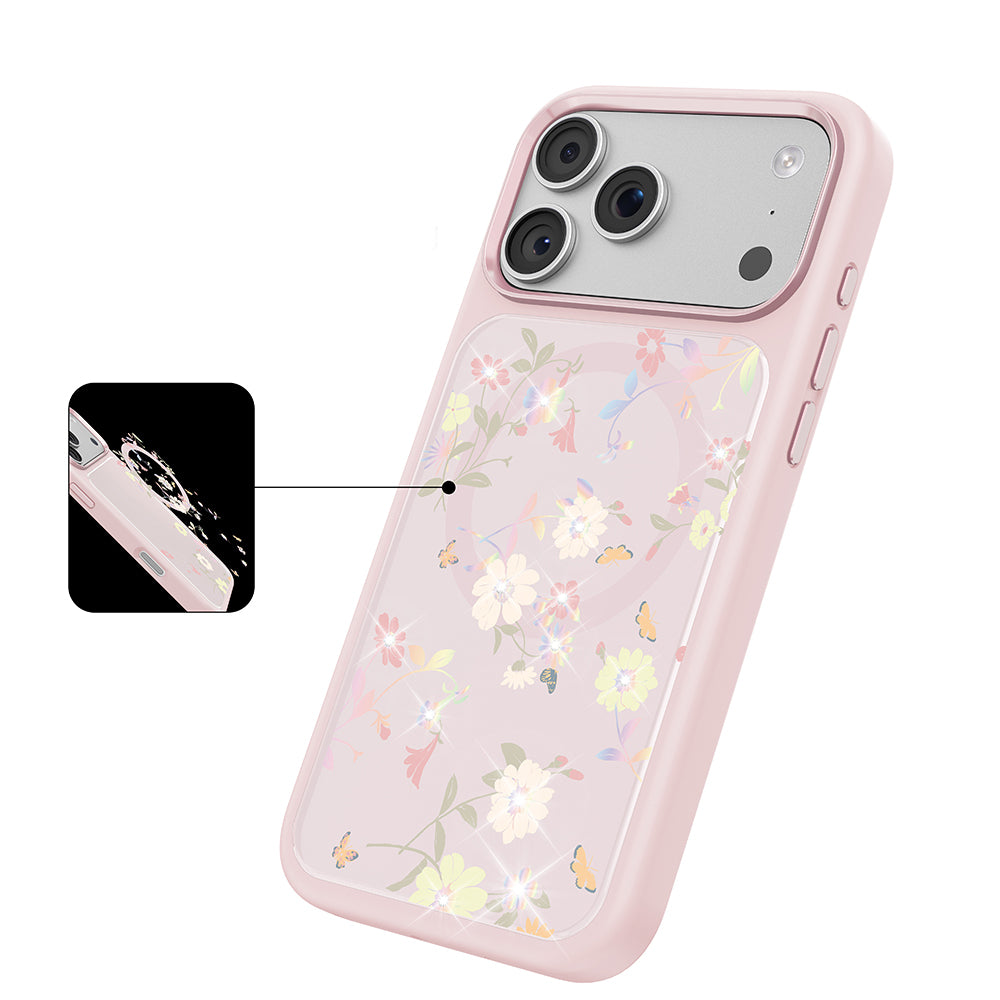 Apple iPhone 18 Pro Max Kılıf M-safe Şarj Özellikli Çiçek Tasarımlı Mutural Flower Serisi Kapak Pembe