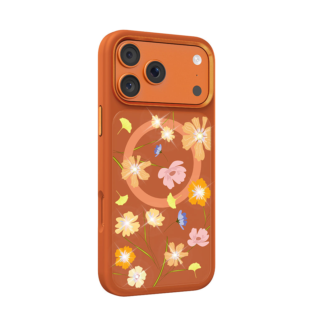Apple iPhone 18 Pro Max Kılıf M-safe Şarj Özellikli Çiçek Tasarımlı Mutural Flower Serisi Kapak Turuncu