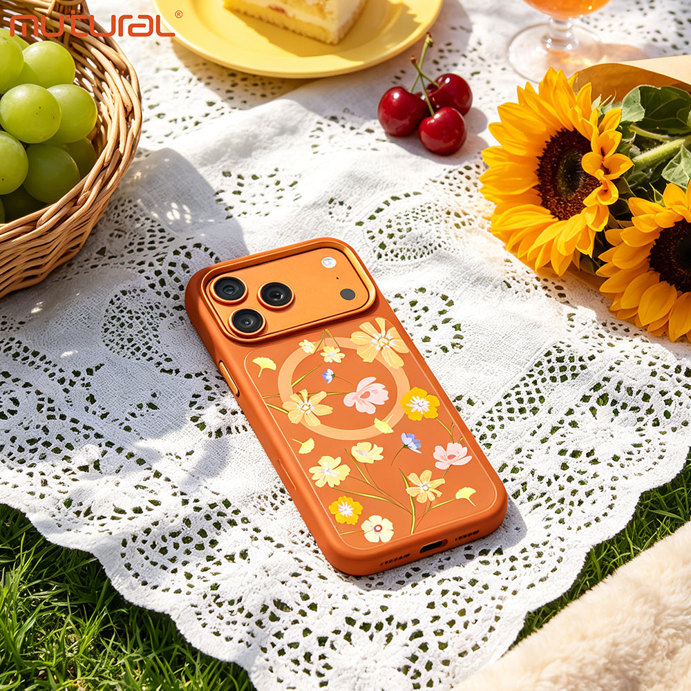 Apple iPhone 18 Pro Max Kılıf M-safe Şarj Özellikli Çiçek Tasarımlı Mutural Flower Serisi Kapak Turuncu