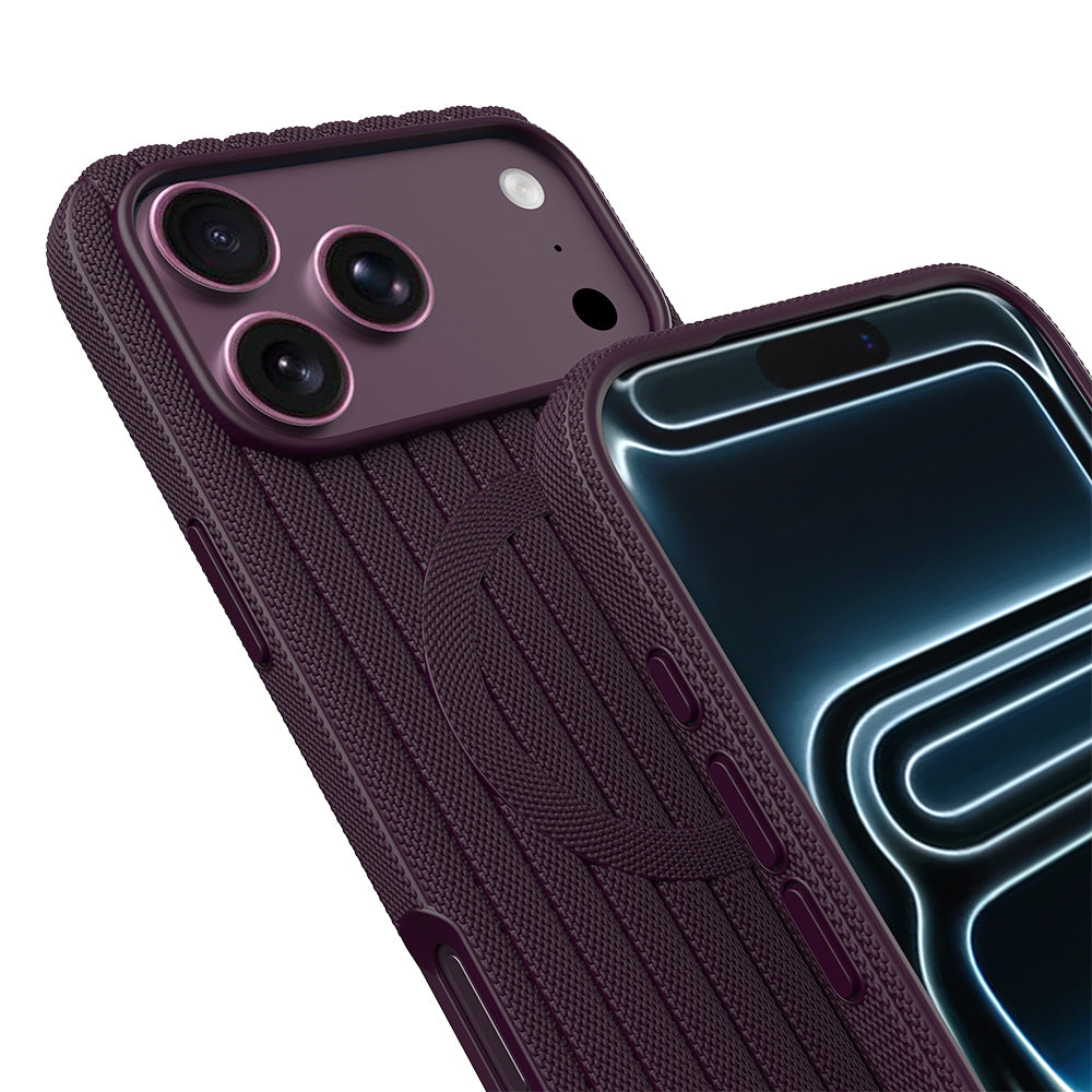 Apple iPhone 18 Pro Max Kılıf M-Safe Şarj Özellikli Çizgi Desenli Kumaş Dokulu Zore Paris Lorin Kapak Bordo
