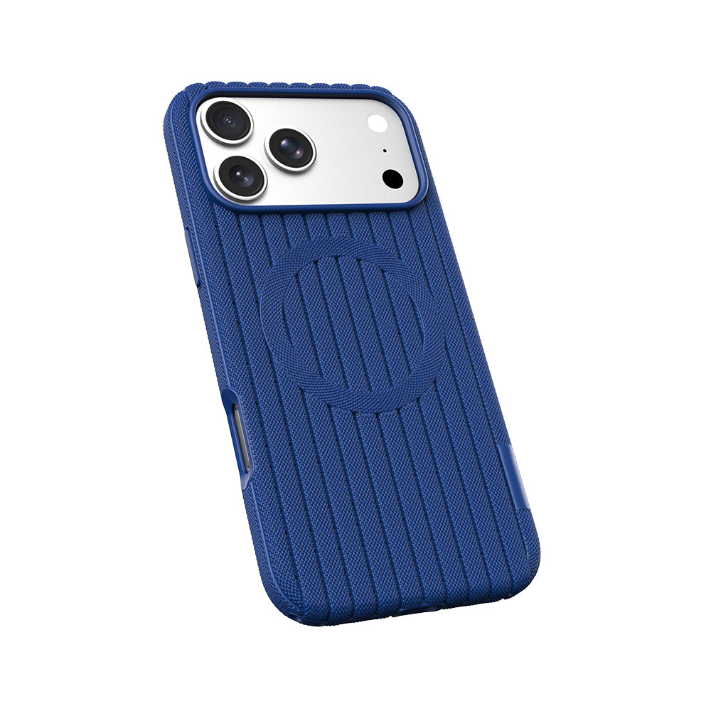 Apple iPhone 18 Pro Max Kılıf M-Safe Şarj Özellikli Çizgi Desenli Kumaş Dokulu Zore Paris Lorin Kapak Lacivert