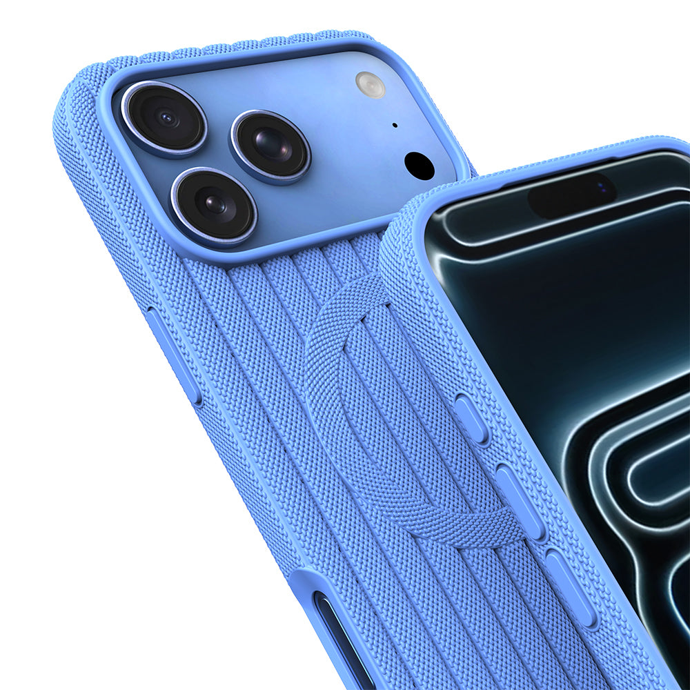 Apple iPhone 18 Pro Max Kılıf M-Safe Şarj Özellikli Çizgi Desenli Kumaş Dokulu Zore Paris Lorin Kapak Açık Mavi
