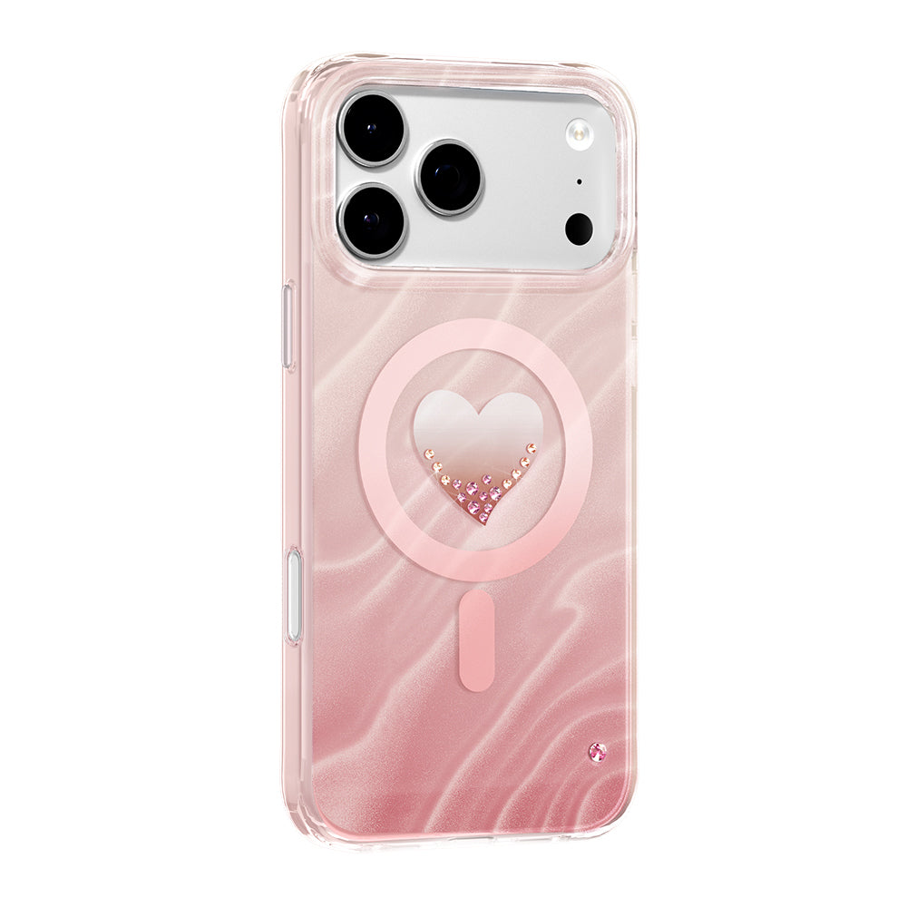 Apple iPhone 18 Pro Max Kılıf M-Safe Şarj Özellikli Orjinal Swarovski Taşlı Zore Paris Rovix Sert PC Kapak Pembe