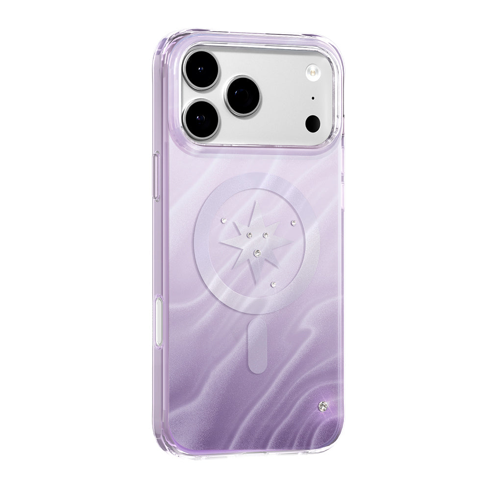 Apple iPhone 18 Pro Max Kılıf M-Safe Şarj Özellikli Orjinal Swarovski Taşlı Zore Paris Rovix Sert PC Kapak Açık Mor