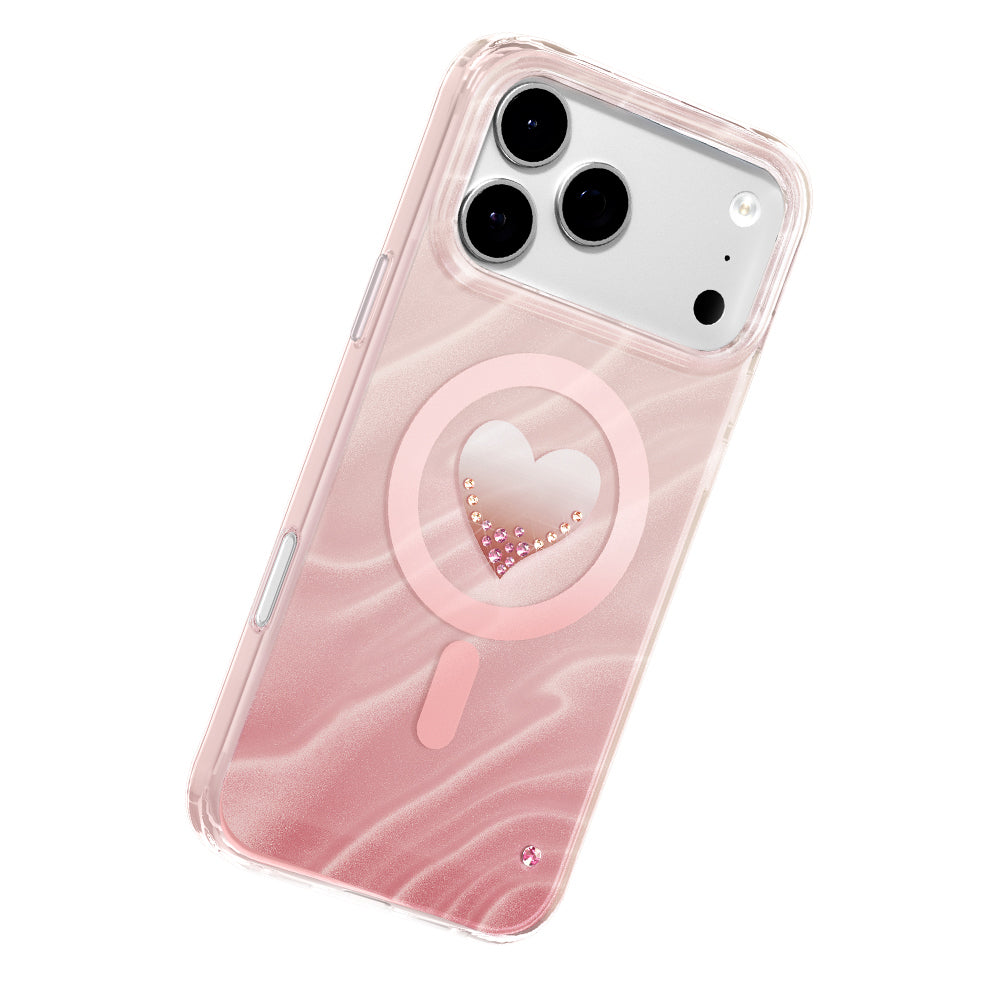 Apple iPhone 18 Pro Max Kılıf M-Safe Şarj Özellikli Orjinal Swarovski Taşlı Zore Paris Rovix Sert PC Kapak Pembe