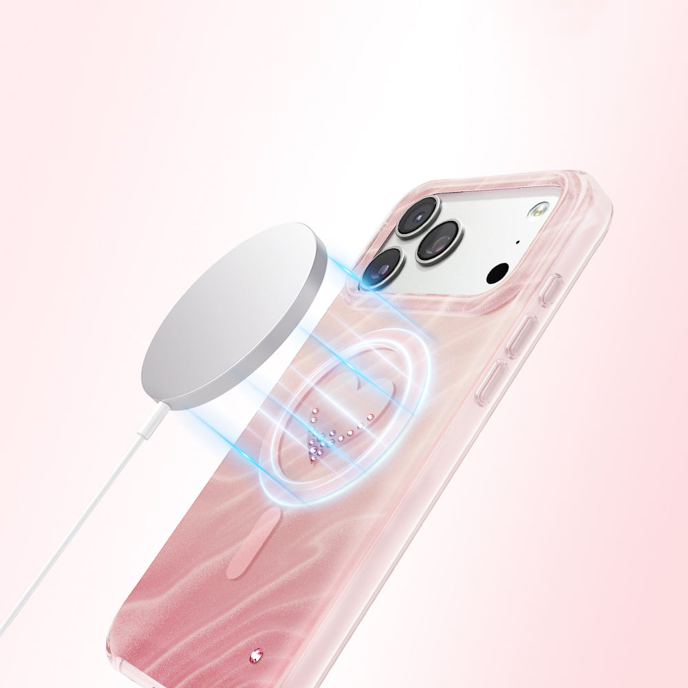 Apple iPhone 18 Pro Max Kılıf M-Safe Şarj Özellikli Orjinal Swarovski Taşlı Zore Paris Rovix Sert PC Kapak Pembe