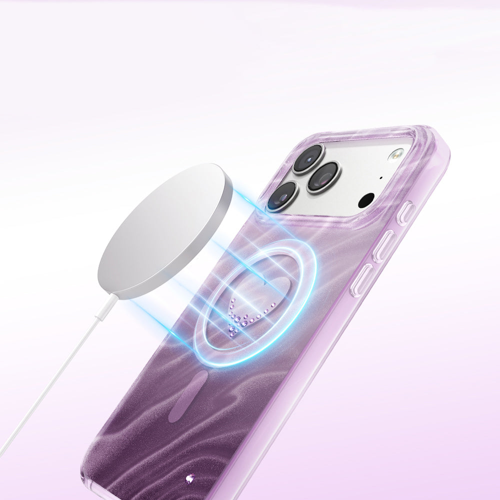 Apple iPhone 18 Pro Max Kılıf M-Safe Şarj Özellikli Orjinal Swarovski Taşlı Zore Paris Rovix Sert PC Kapak Mor