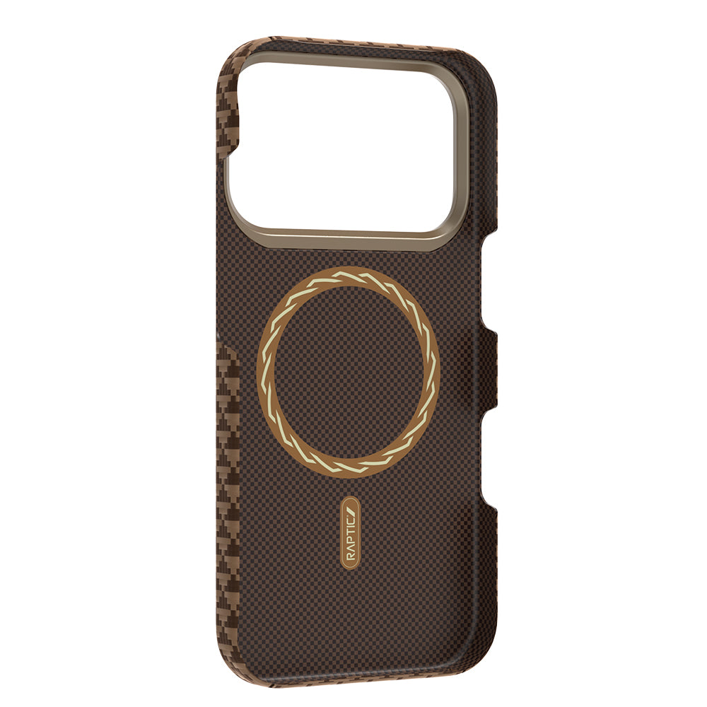 Apple iPhone 18 Pro Max Kılıf M-safe Şarj Özellikli Raptic Aramid Skin Origin Serisi Karbon Kapak Kahverengi