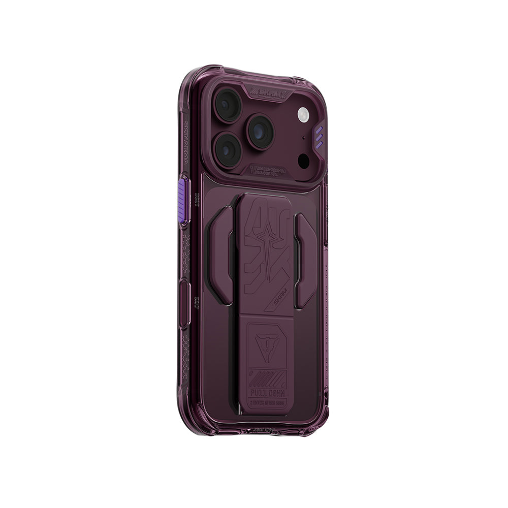 Apple iPhone 18 Pro Max Kılıf M-safe Şarj Özellikli Teknoloji Desenli Skinarma Helio CE Mag Charge Standlı Kapak Bordo