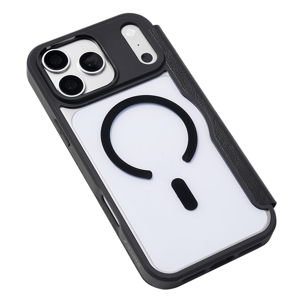 Apple iPhone 18 Pro Max Kılıf M-safe Şarj Özellikli Vegan Deri Tasarımlı Şeffaf Arka Yüzey Kartlıklı Raptic Urban Folio Serisi Kapak Siyah