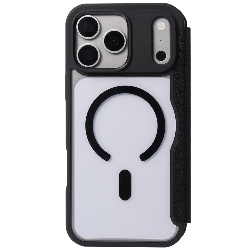 Apple iPhone 18 Pro Max Kılıf M-safe Şarj Özellikli Vegan Deri Tasarımlı Şeffaf Arka Yüzey Kartlıklı Raptic Urban Folio Serisi Kapak Siyah
