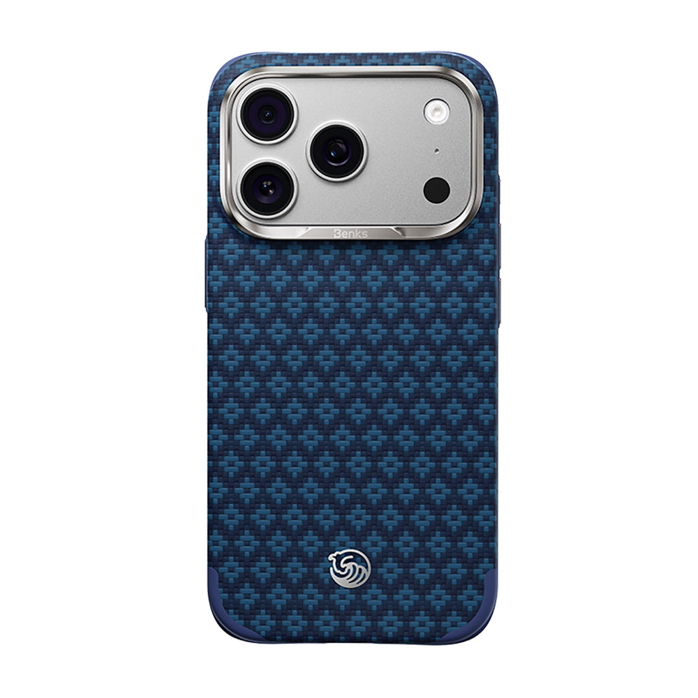 Apple iPhone 18 Pro Max Kılıf M-Safe Şarj Özellikli Yükseltilmiş Kamera Çerçeveli Benks ArmorGrid ArmorEdge X9 Serisi Kevlar Karbon Kapak Lacivert
