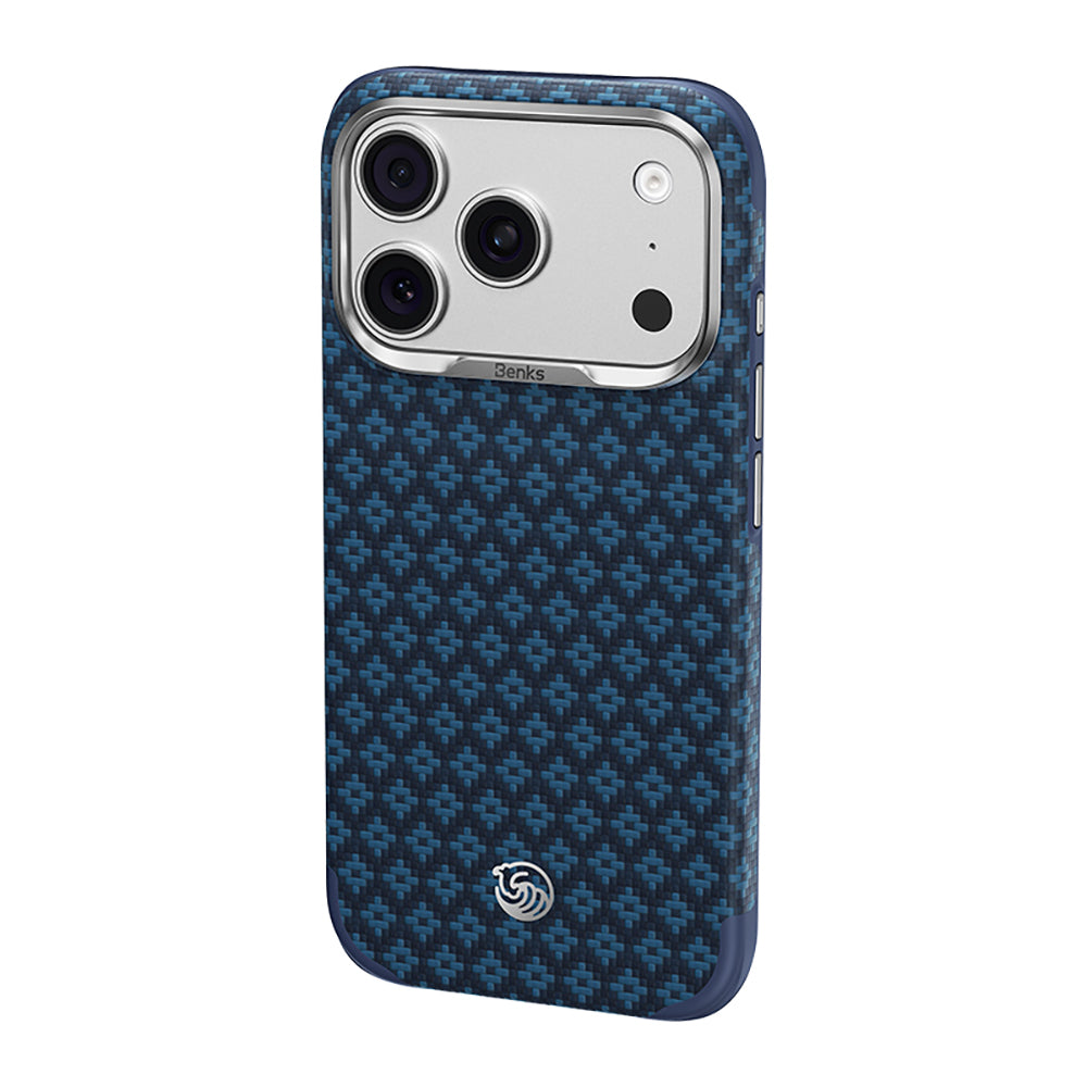Apple iPhone 18 Pro Max Kılıf M-Safe Şarj Özellikli Yükseltilmiş Kamera Çerçeveli Benks ArmorGrid ArmorEdge X9 Serisi Kevlar Karbon Kapak Lacivert