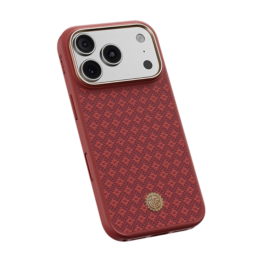 Apple iPhone 18 Pro Max Kılıf M-Safe Şarj Özellikli Yükseltilmiş Kamera Çerçeveli Benks ArmorPro ArmorGrid Serisi Kevlar Karbon Kapak Kırmızı