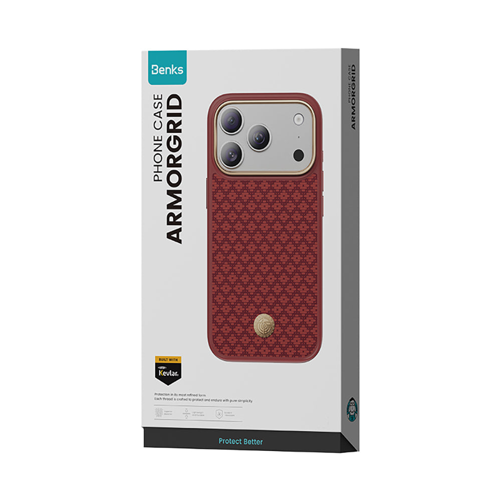Apple iPhone 18 Pro Max Kılıf M-Safe Şarj Özellikli Yükseltilmiş Kamera Çerçeveli Benks ArmorPro ArmorGrid Serisi Kevlar Karbon Kapak Kırmızı