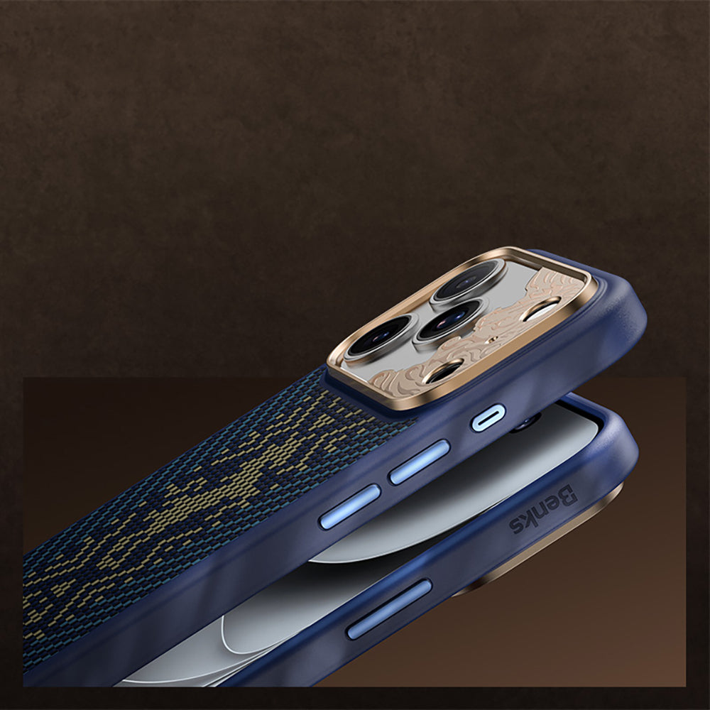 Apple iPhone 18 Pro Max Kılıf M-safe Şarj Özellikli Yükseltilmiş Kamera Çerçeveli Karbon Fiber Tasarımlı Benks Knight ArmorPro Kevlar Kapak Lacivert