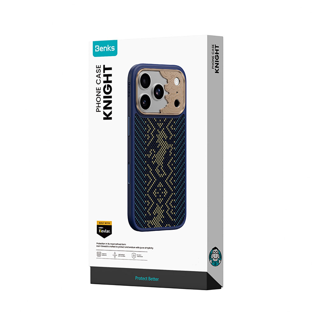 Apple iPhone 18 Pro Max Kılıf M-safe Şarj Özellikli Yükseltilmiş Kamera Çerçeveli Karbon Fiber Tasarımlı Benks Knight ArmorPro Kevlar Kapak Lacivert