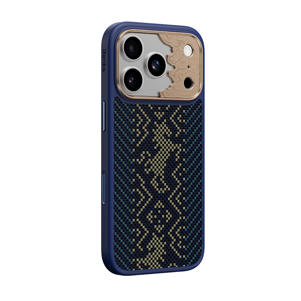 Apple iPhone 18 Pro Max Kılıf M-safe Şarj Özellikli Yükseltilmiş Kamera Çerçeveli Karbon Fiber Tasarımlı Benks Knight ArmorPro Kevlar Kapak Lacivert