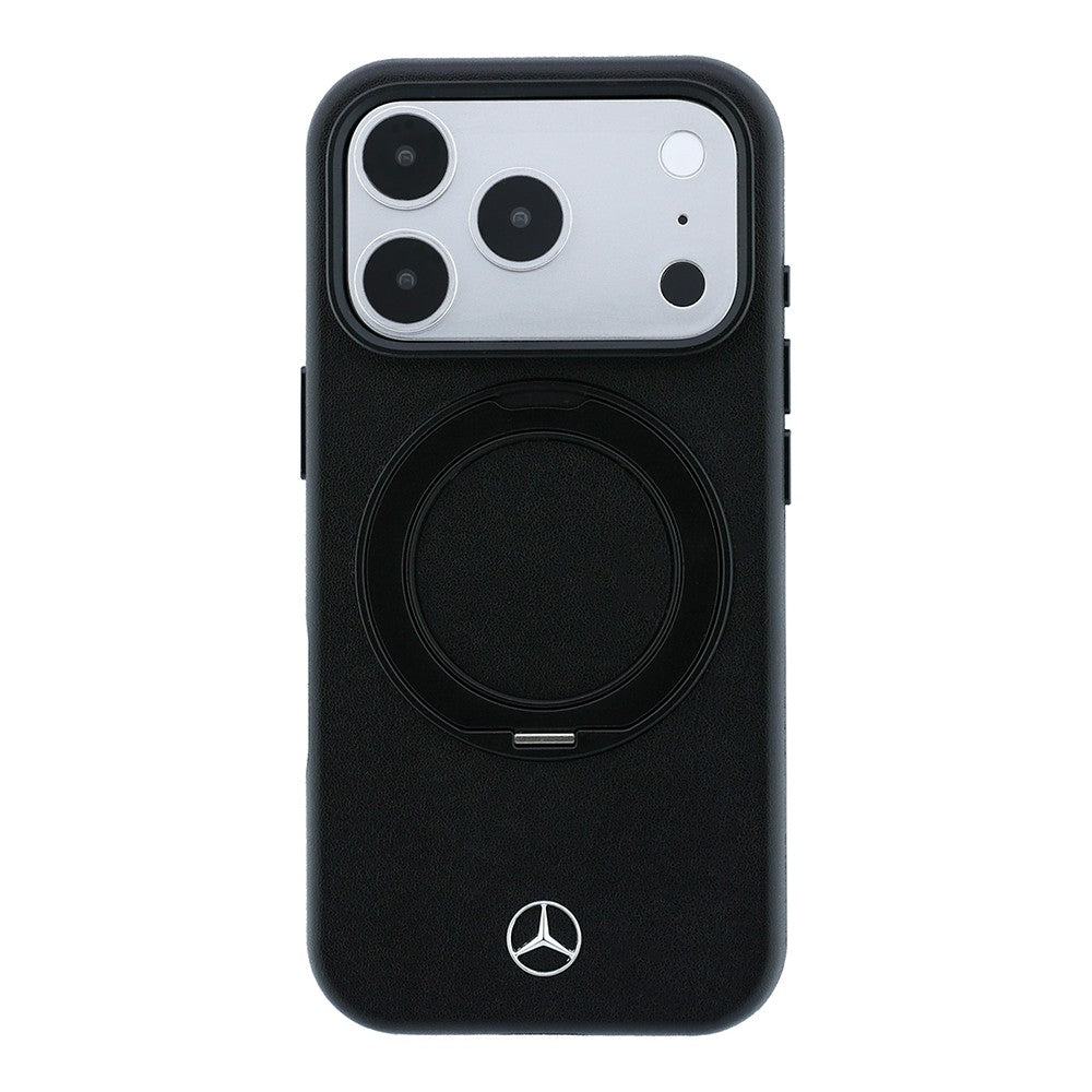 Apple iPhone 18 Pro Max Kılıf Mercedes Benz Orjinal Lisanslı M-safe Şarj Özellikli 360 Derece Dönebilen Standlı Metal Logolu PU Kapak Siyah