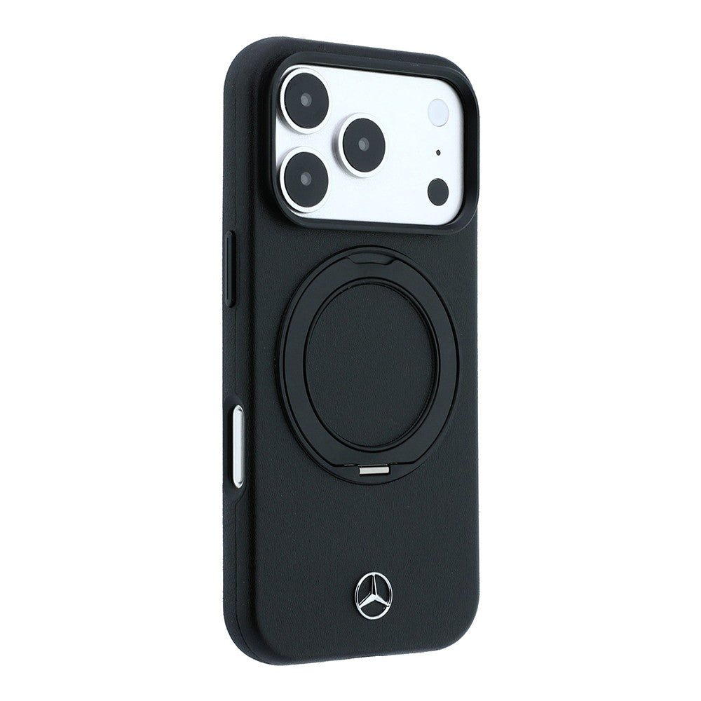 Apple iPhone 18 Pro Max Kılıf Mercedes Benz Orjinal Lisanslı M-safe Şarj Özellikli 360 Derece Dönebilen Standlı Metal Logolu PU Kapak Siyah
