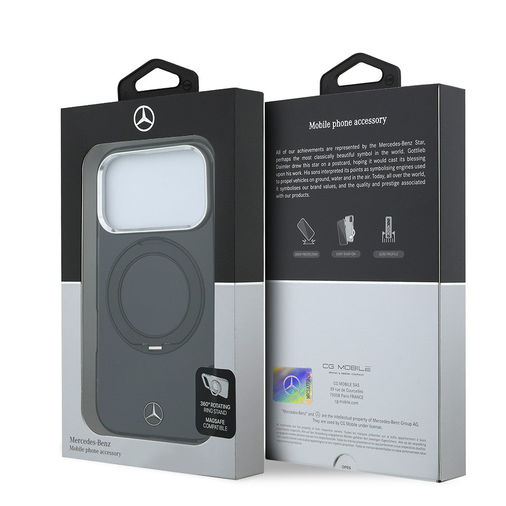 Apple iPhone 18 Pro Max Kılıf Mercedes Benz Orjinal Lisanslı M-safe Şarj Özellikli 360 Derece Dönebilen Standlı Metal Logolu Sert PC Kapak Siyah