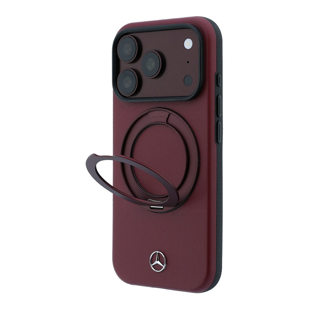 Apple iPhone 18 Pro Max Kılıf Mercedes Benz Orjinal Lisanslı M-safe Şarj Özellikli 360 Derece Dönebilen Standlı PU Metal Logolu Kapak Bordo