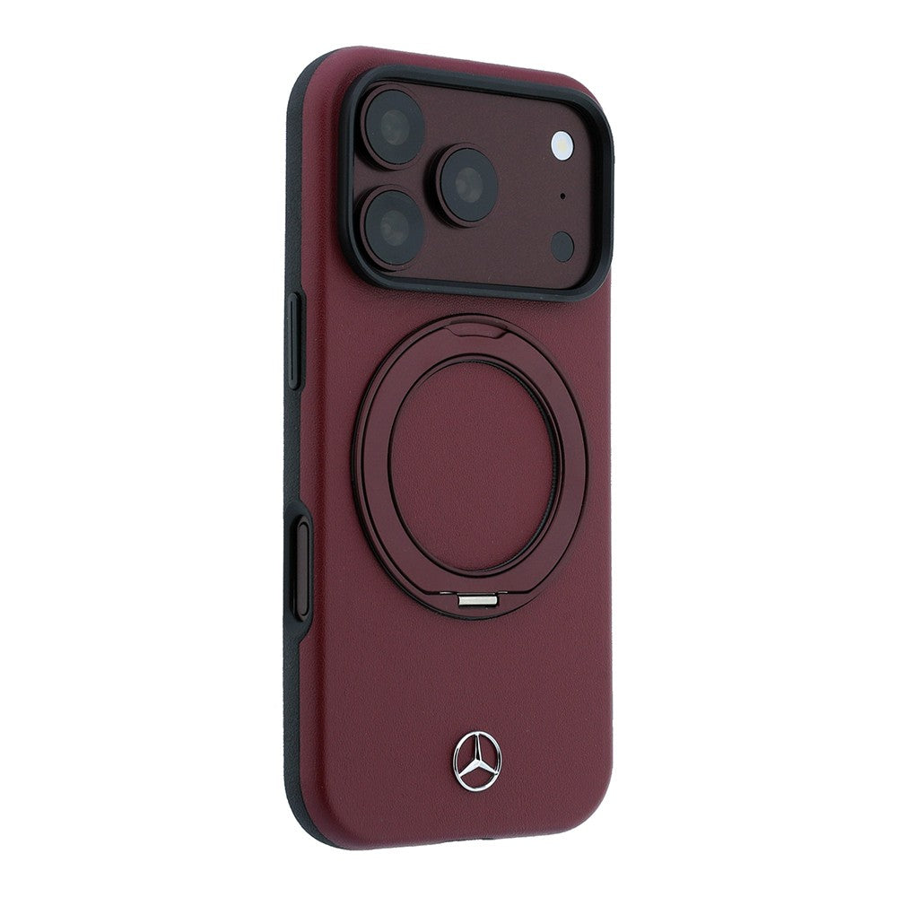 Apple iPhone 18 Pro Max Kılıf Mercedes Benz Orjinal Lisanslı M-safe Şarj Özellikli 360 Derece Dönebilen Standlı PU Metal Logolu Kapak Bordo