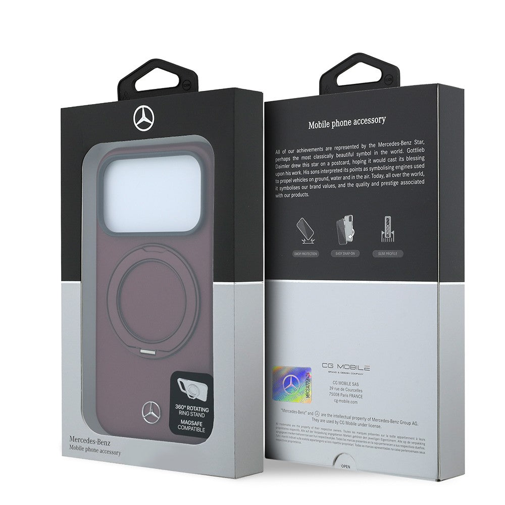 Apple iPhone 18 Pro Max Kılıf Mercedes Benz Orjinal Lisanslı M-safe Şarj Özellikli 360 Derece Dönebilen Standlı PU Metal Logolu Kapak Bordo