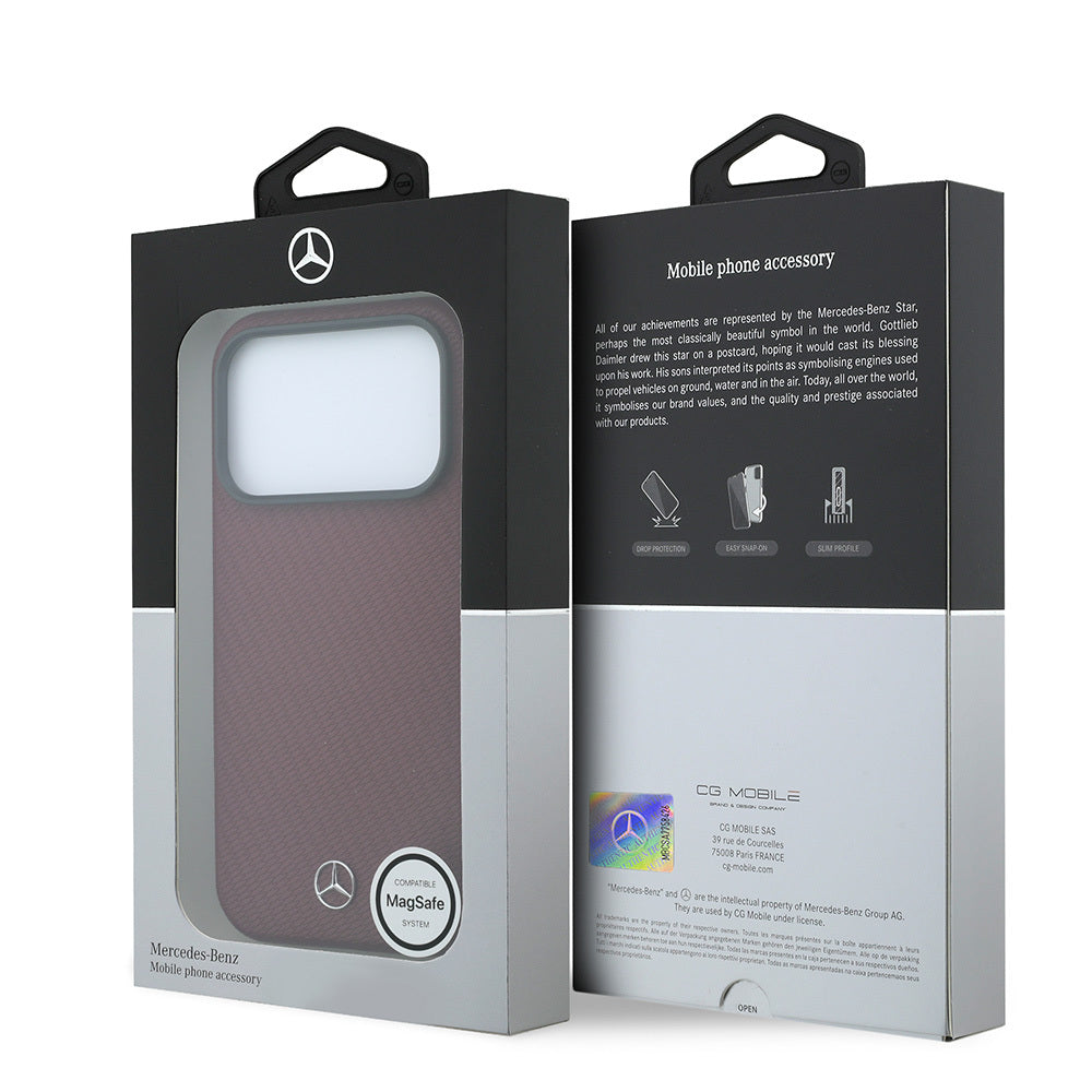 Apple iPhone 18 Pro Max Kılıf Mercedes Benz Orjinal Lisanslı M-safe Şarj Özellikli 3D Metal Logolu Wrap Wood Deri Kapak Bordo
